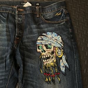 Ed Hardy Christian Audgr Blue Denim button fly Jean 42 x 34 Embroidered, pirate